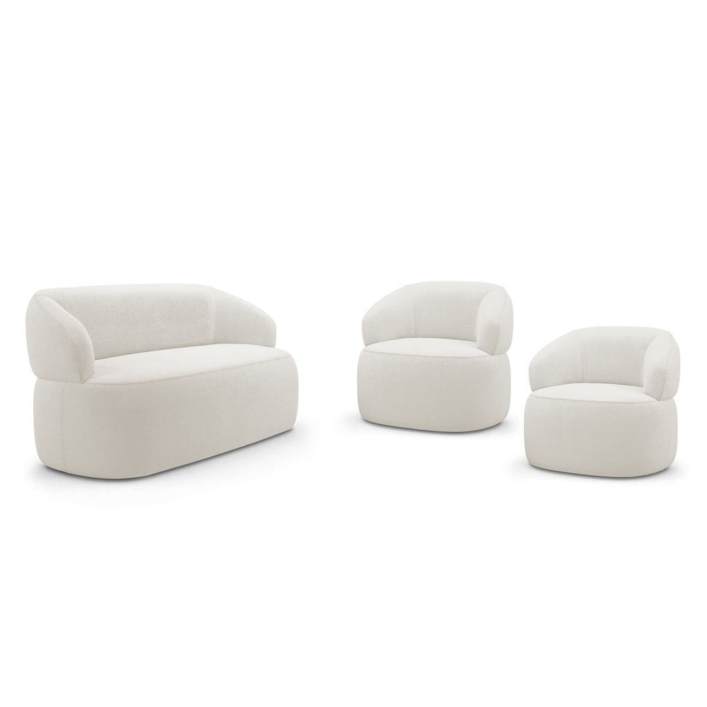 Kit 02 Poltronas Giratória e 01 Sofá Orgânico Glee 03 Lugares 170cm Bouclê Off White - Abmaza