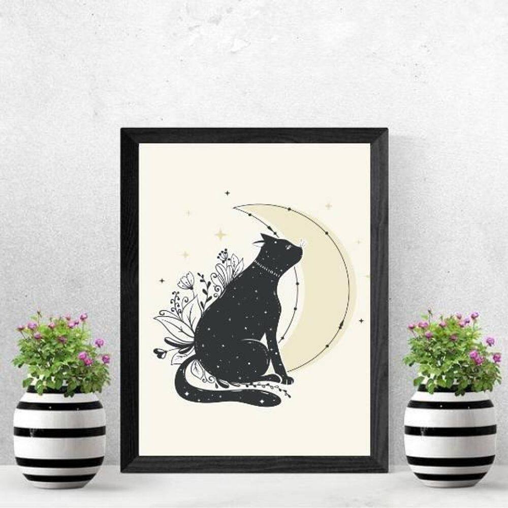 Quadro Decorativo Gato Com Lua 33X24 C/Vidro - Madeira Preta