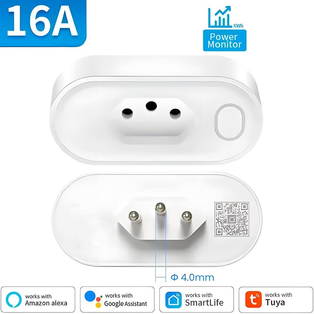 Plug de Tomada Inteligente, Zigbee 3.0, Padrão Brasileiro, 16A, Compatível Com Alexa, Google Home, SmartThings, Branco
