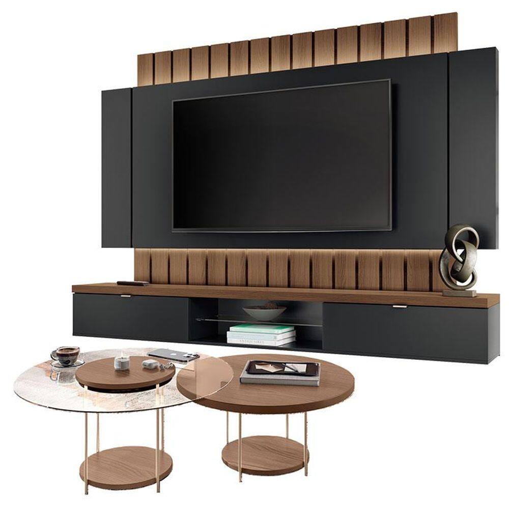 Home Suspenso Illusion 2.2 Preto Castanho e Kit Mesa de Centro Sky Castanho- HB Móveis