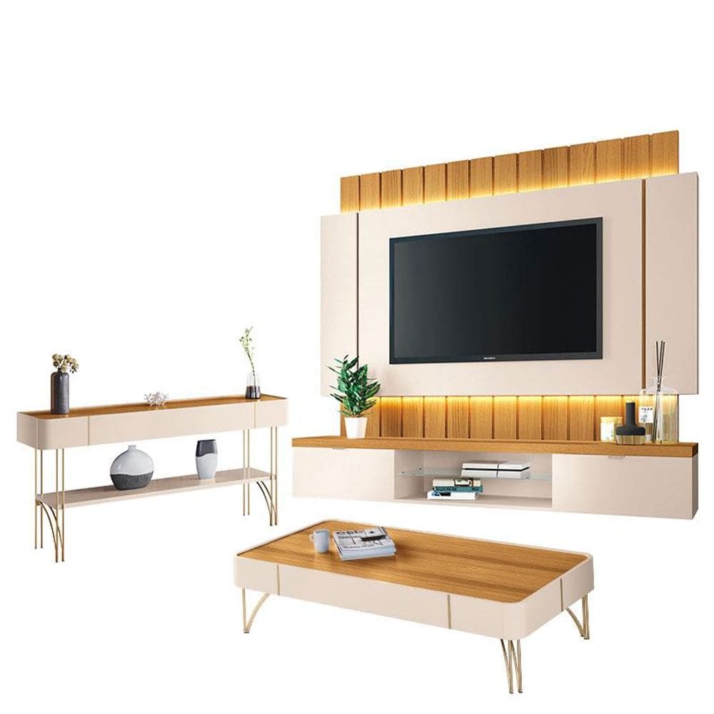 Home Suspenso Illusion 1.8 e Aparador Vivant e Mesa de Centro Cadenza Cinamomo Off White - HB Móveis