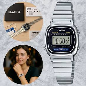 Relógio de Pulso Casio Feminino Vintage Resistente Àgua Alarme Cronometro Quartz Pequeno Mini Aço Inox Quadrado Digital Prata LA670WA-1DF