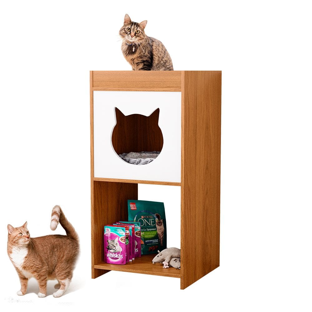 Mesa de Cabeceira Neko com Casinha Para Gato e Nicho Integrado Freijó Branco - Abmaza