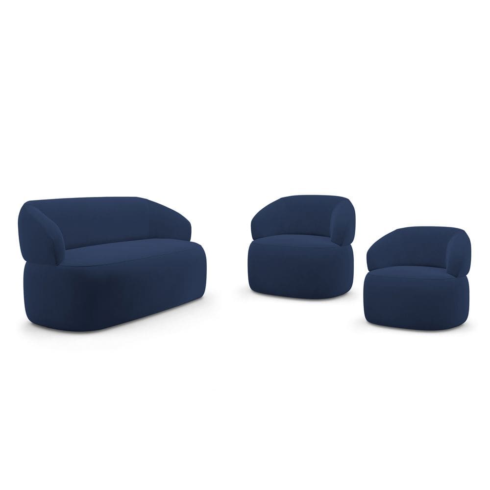 Kit 02 Poltronas Giratória e 01 Sofá Orgânico Glee 03 Lugares 170cm Veludo Azul Marinho - Abmaza