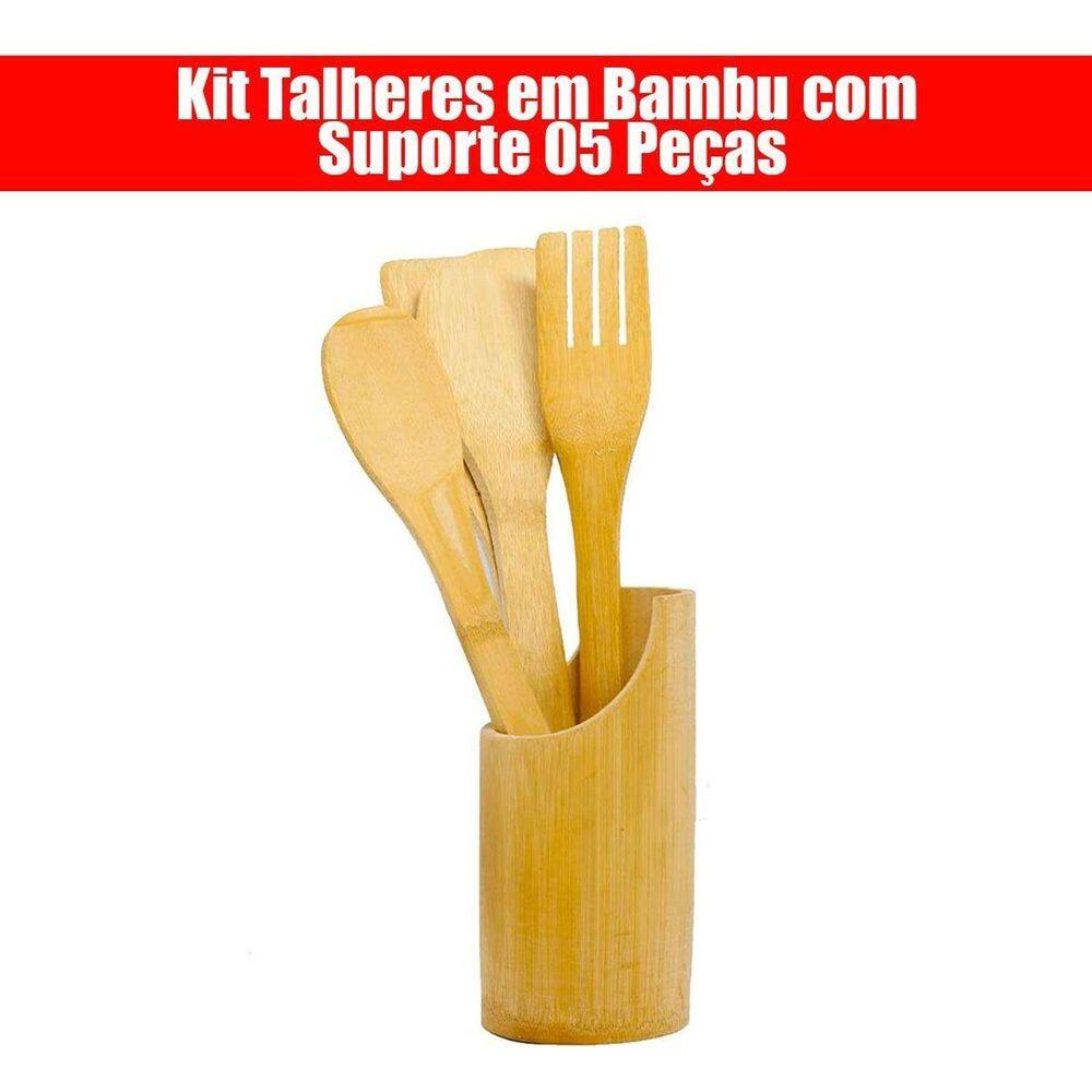 Kit Talheres Em Bambu Com Suporte 05 Peças