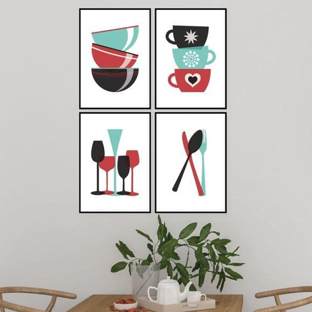 Kit 4 Quadros Cozinha Xícaras E Talheres 45X34 Moldura Preta
