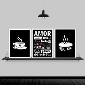 Kit 3 Quadros Cozinha Amor Comida 45x34cm - Vidro