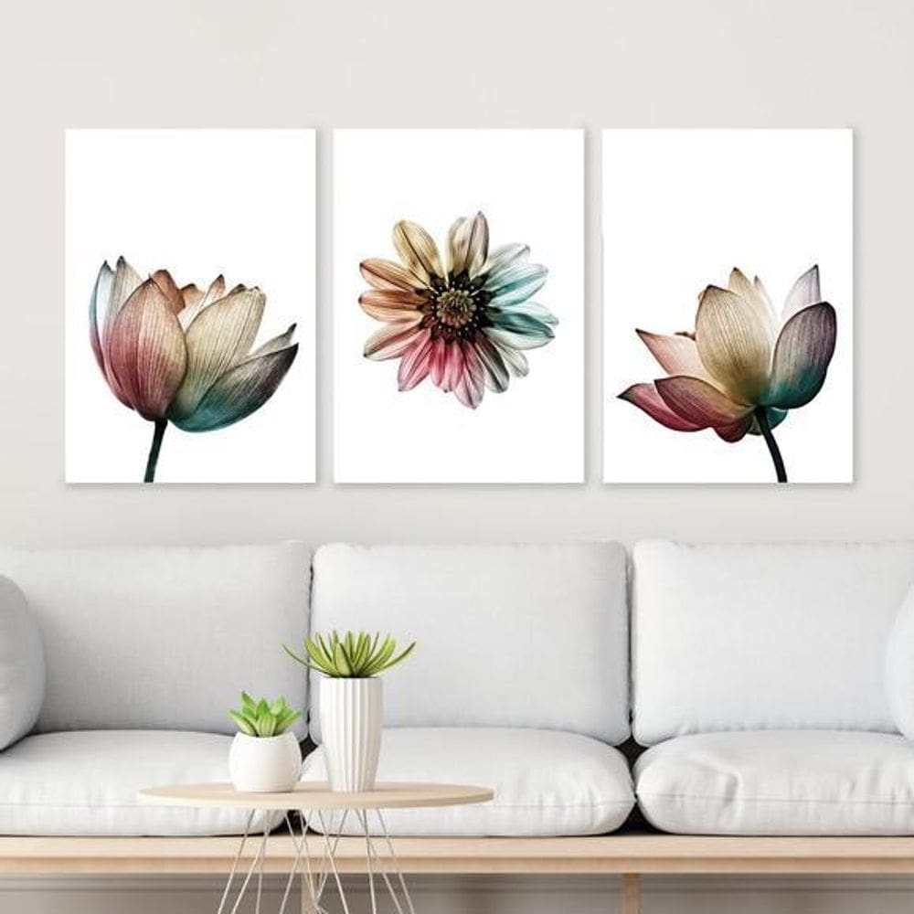 Kit 3 Quadros Flores Suaves Multicor 33X24Cm Moldura Branca