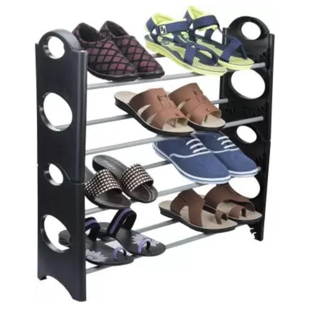Sapateira 12 Pares Grande Ampliavel Empilhavel Estante Desmontavel 4 Prateleiras Aluminio Organizadora Preta