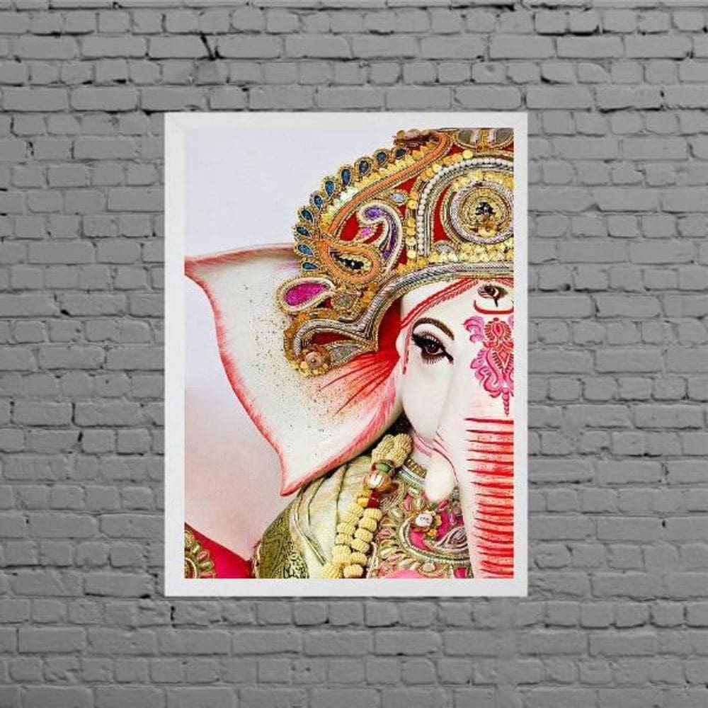 Quadro Decorativo Rosto Ganesha 24X18Cm Moldura Branca