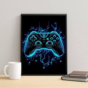 Quadro Decorativo Gamer Azul Neon 33X24Cm - Com Vidro