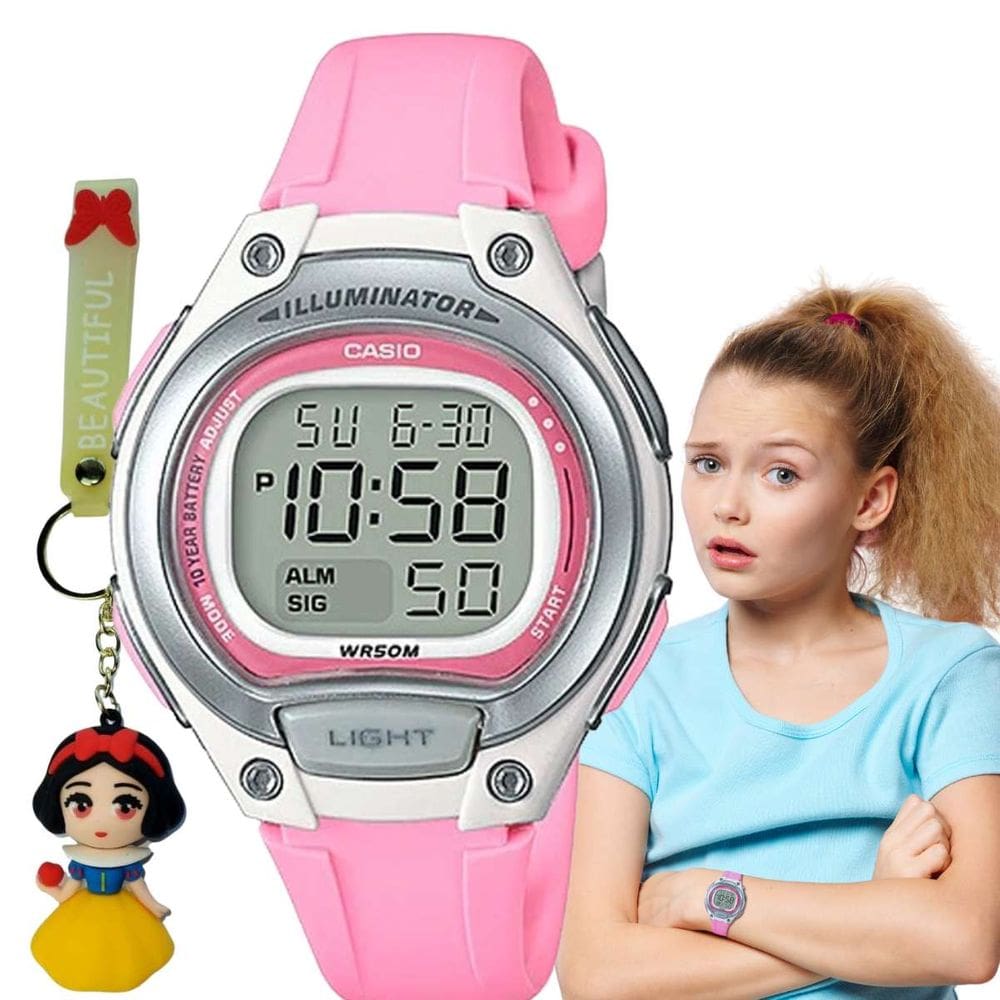 Relógio de Pulso Casio Infantil Prova Dagua Calendáro Alarme Cronomemtro Luz Led Digital Esportivo LW-203 Rosa Preto Azul Cinza + Chaveiro Personagens