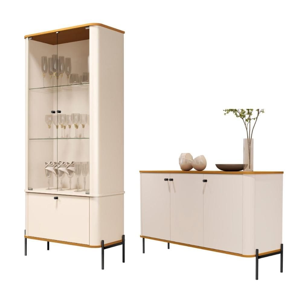 Conjunto Buffet e Cristaleira Rouxinol Off White Nature Preto
