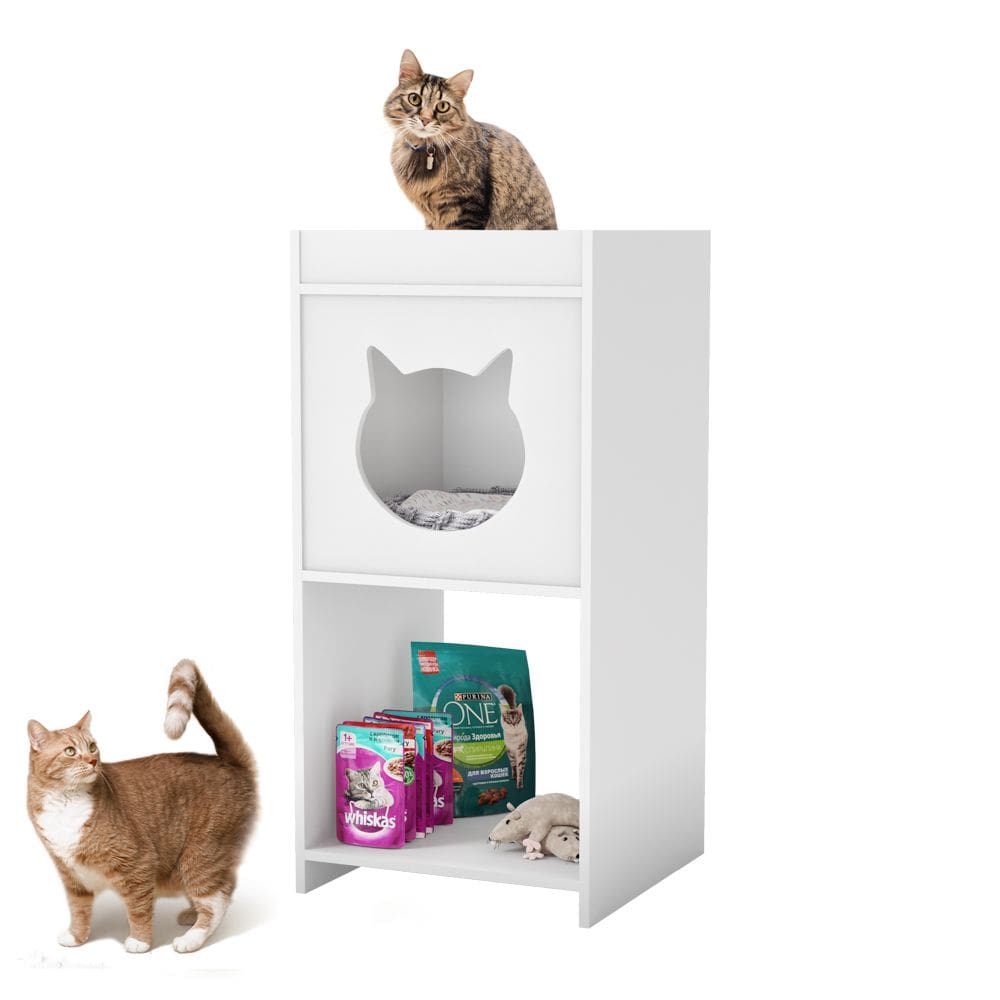 Mesa de Cabeceira Neko com Casinha Para Gato e Nicho Integrado Branco - Abmaza