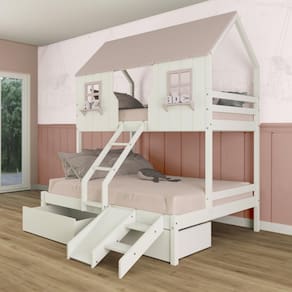 Beliche Casal/ Solteiro Casinha Encantada com 02 Gavetas Kit Escada/ Escorregador Madeira Maciça Branco/ Rosa Megamobilia