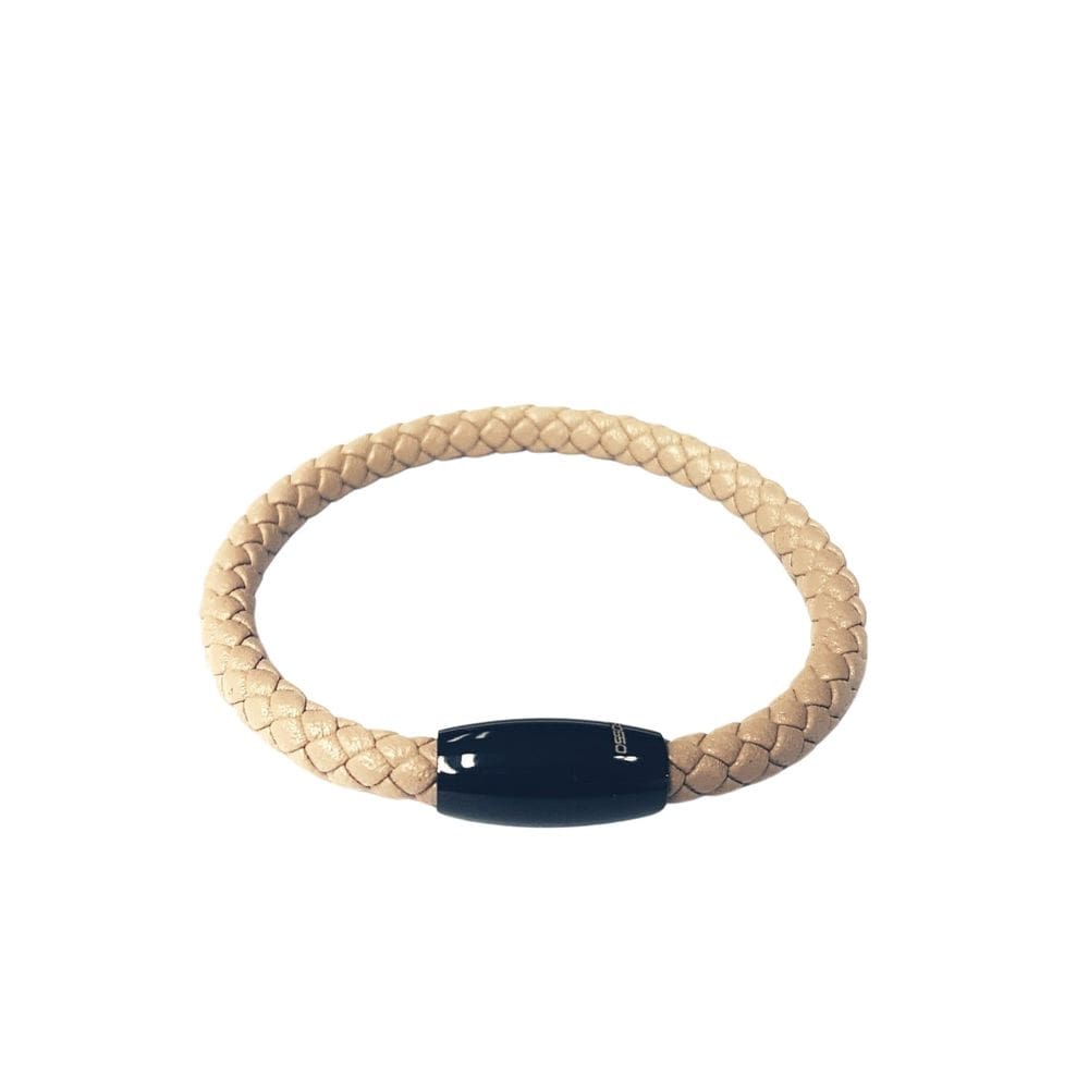 Bracelete Rosso 20Cm Couro Trançado Bege Fecho Oval Preto