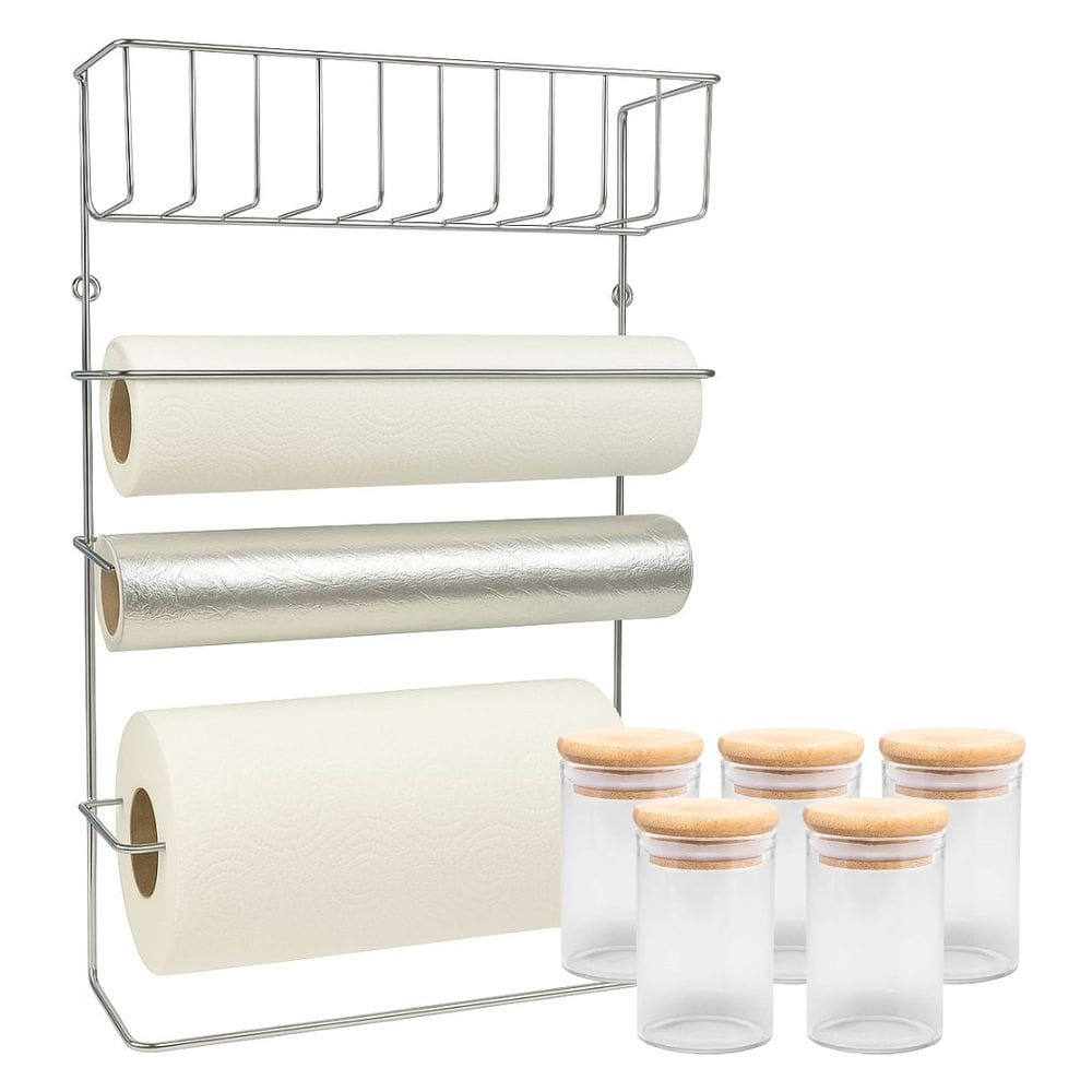 Suporte Organizador Aço Cromado Porta Rolos e 5 Potes Vidro Hermético Borossilicato Tampa Bambu 90ml - Mundial Casa