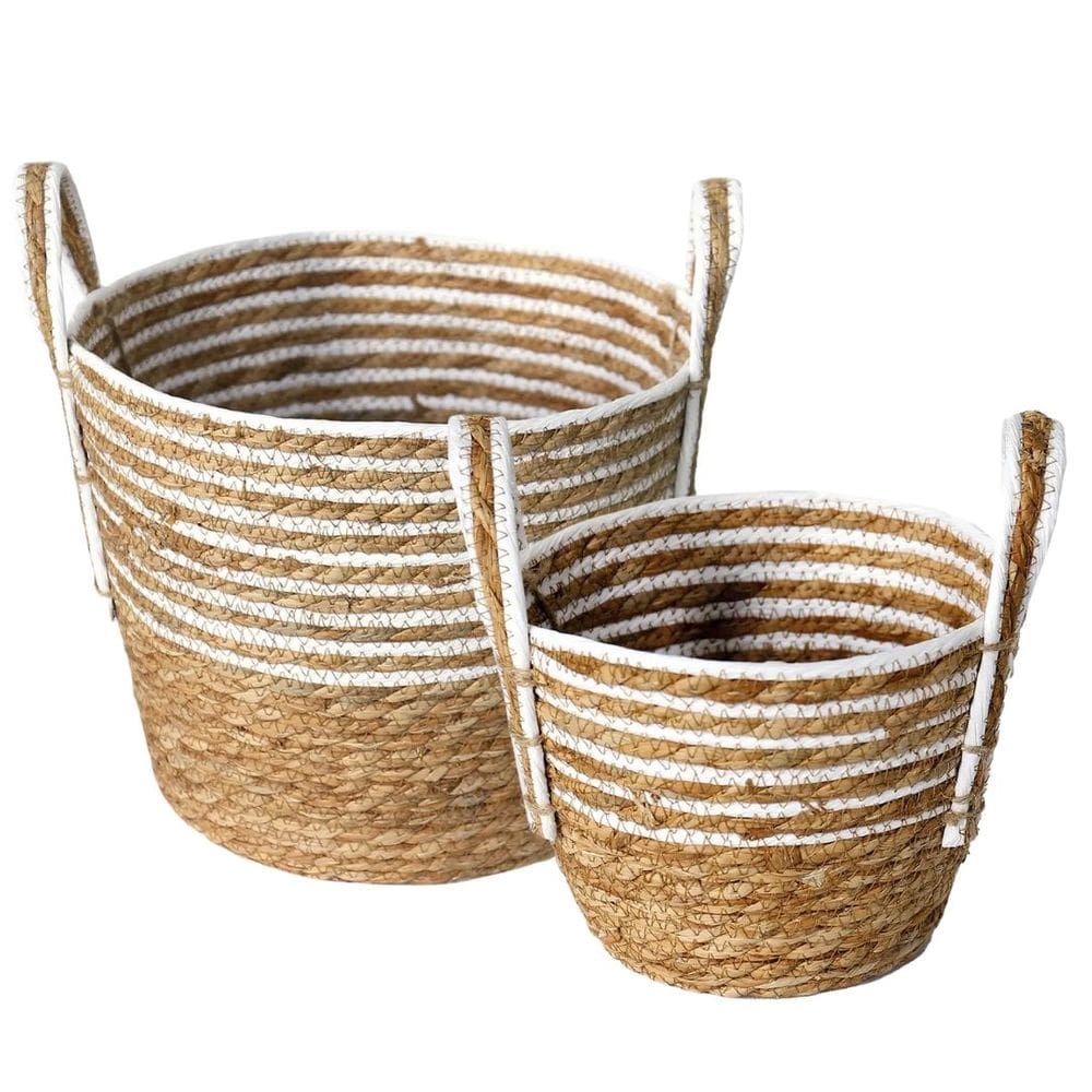 Jogo 2 Cestos Fibra Natural Palha e Branco com Alça 26cm e 20cm - Paramount