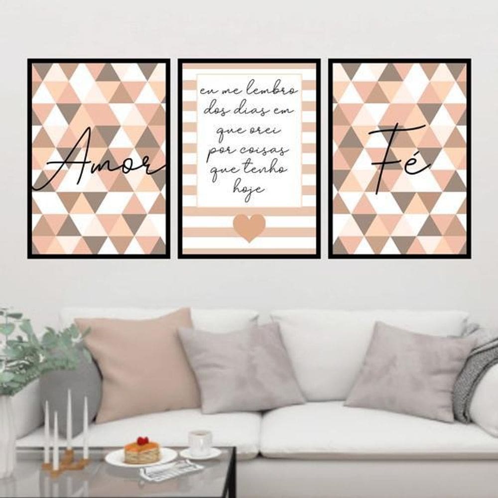 Kit 3 Quadros Eu Me Lembro Triângulos 60X40Cm Moldura Preta