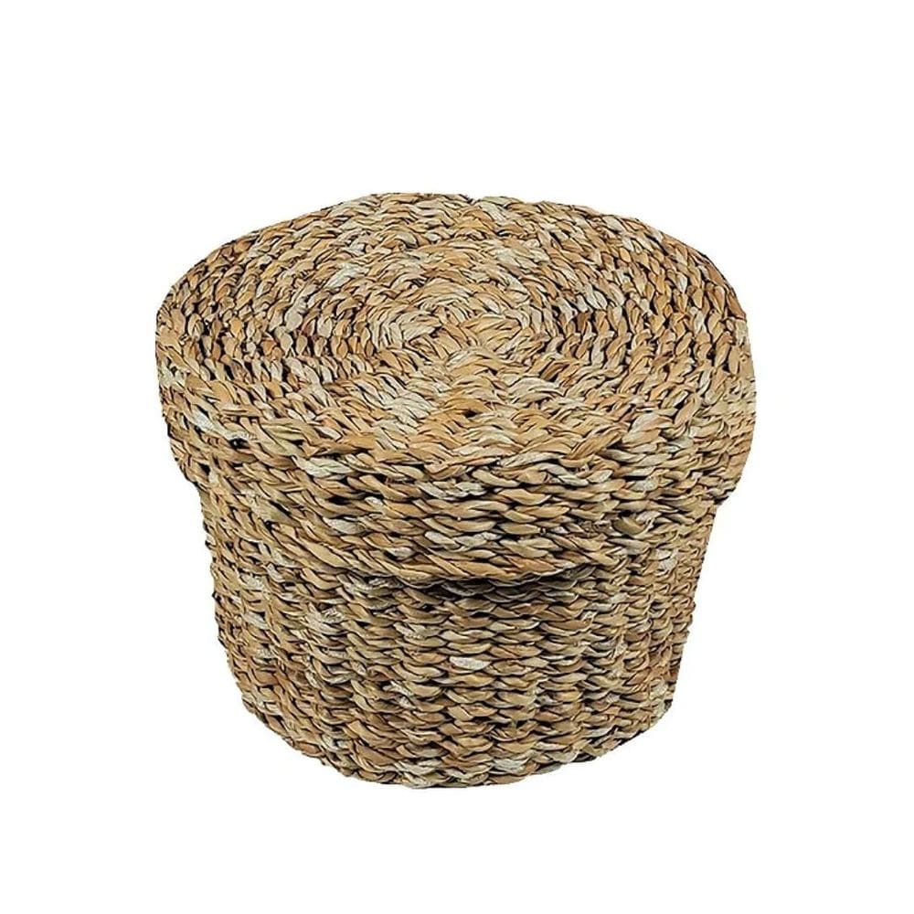 Cesto Fibra Natural Redondo com Tampa Seagrass Trançado Carajas 32cm - Jolitex