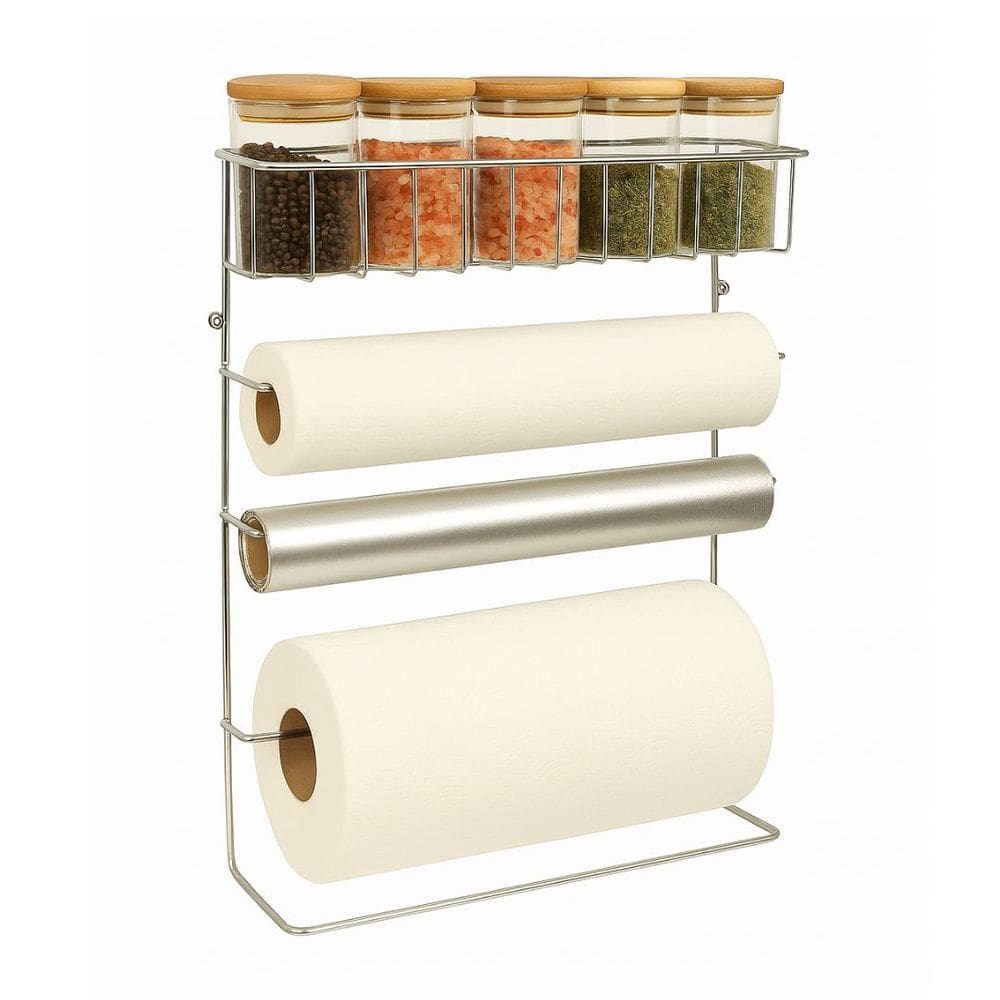 Suporte Organizador 4 em 1 Porta Rolos em Aço Cromado com 5 Potes Porta Temperos Tampa Bambu 90ml - Mundial Casa