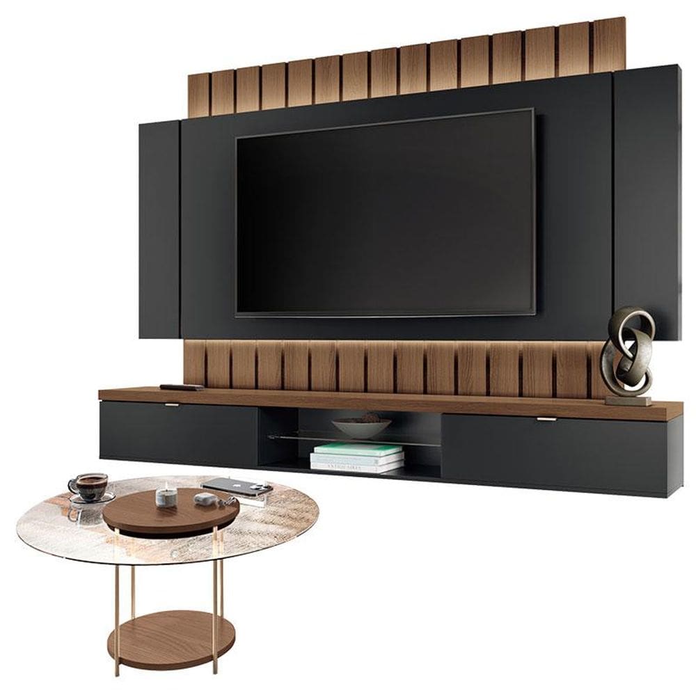 Home Suspenso Illusion 2.2 Preto Castanho e Mesa de Centro Sky com Tampo de Vidro Castanho- HB Móveis