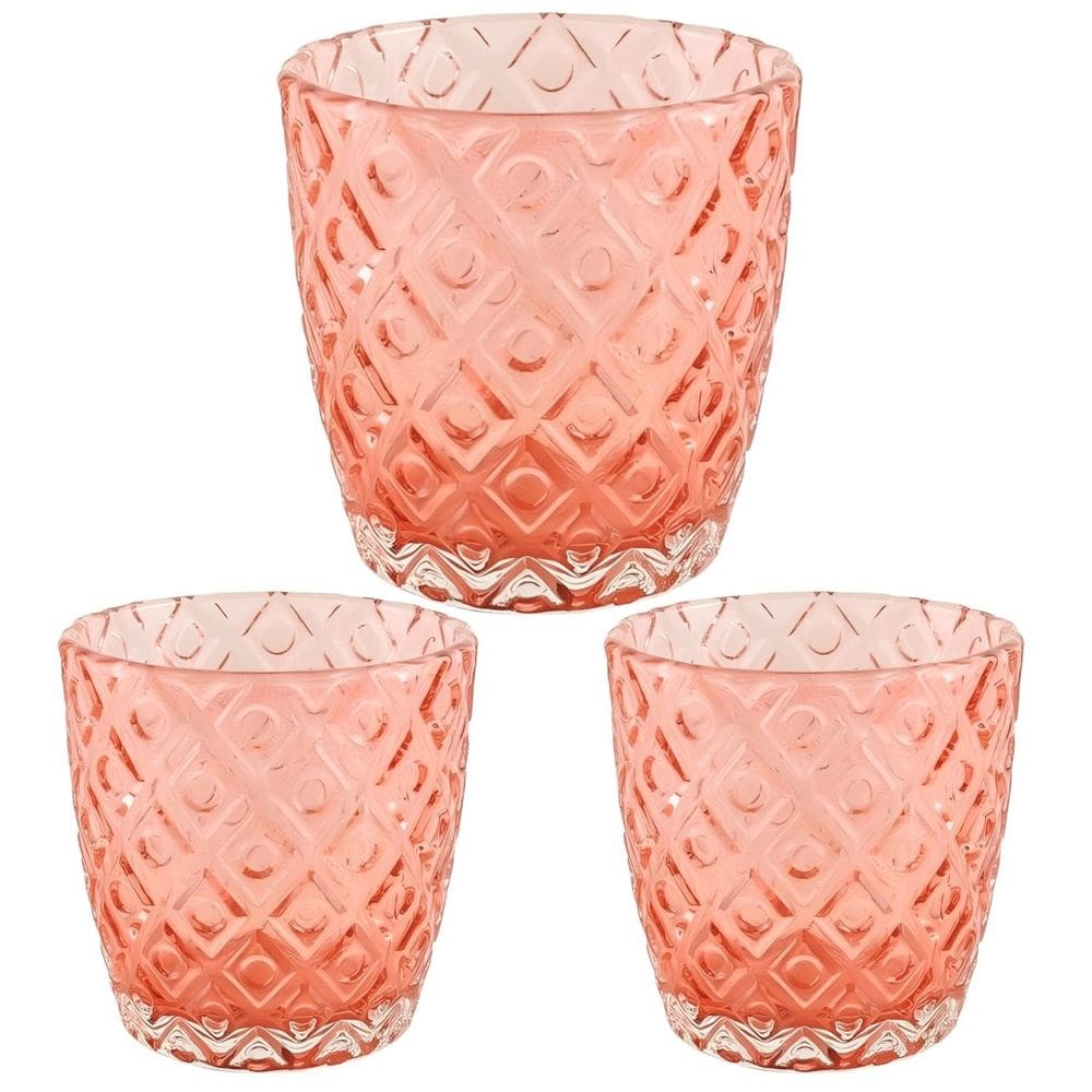 Kit com 3 Porta Vela Decorativo losangulos em Vidro Rosa 7 x 6cm