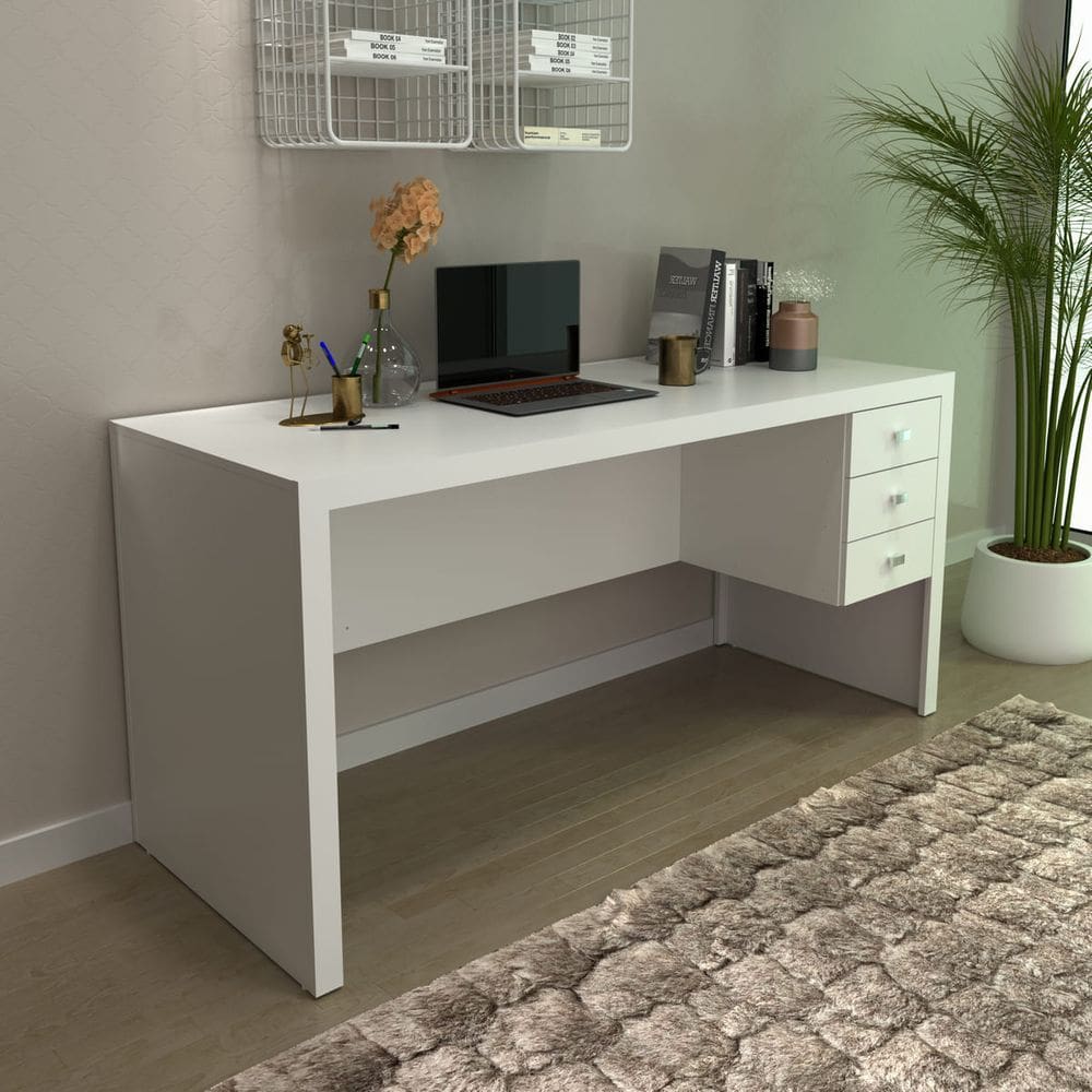 Mesa de Escritório Branca com 3 Gavetas 155x74 Cm ME4113