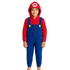 Pijama Macacão Infantil Mario Fantasia Azul Soft Fleece Game