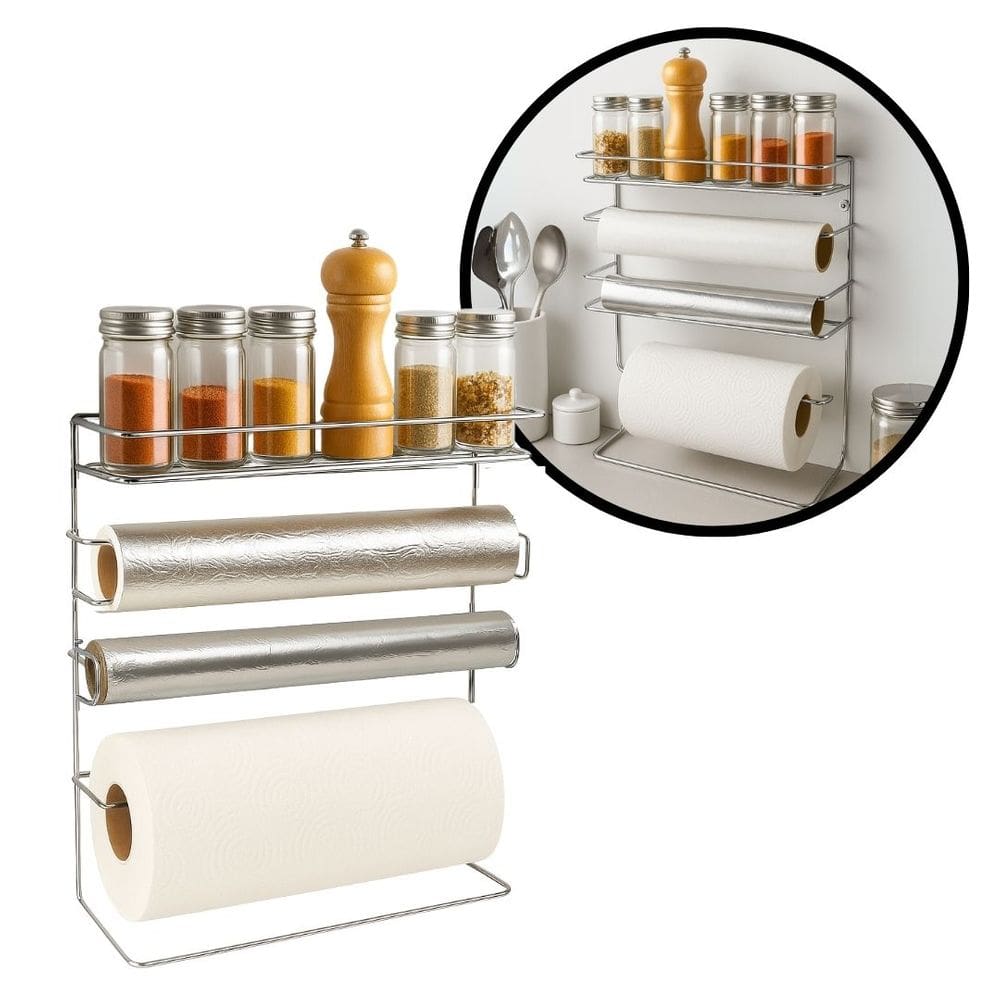 Organizador 3 Rolos e Porta Tempero Aço Cromado 5x1 Para Cozinha - Mundial Casa