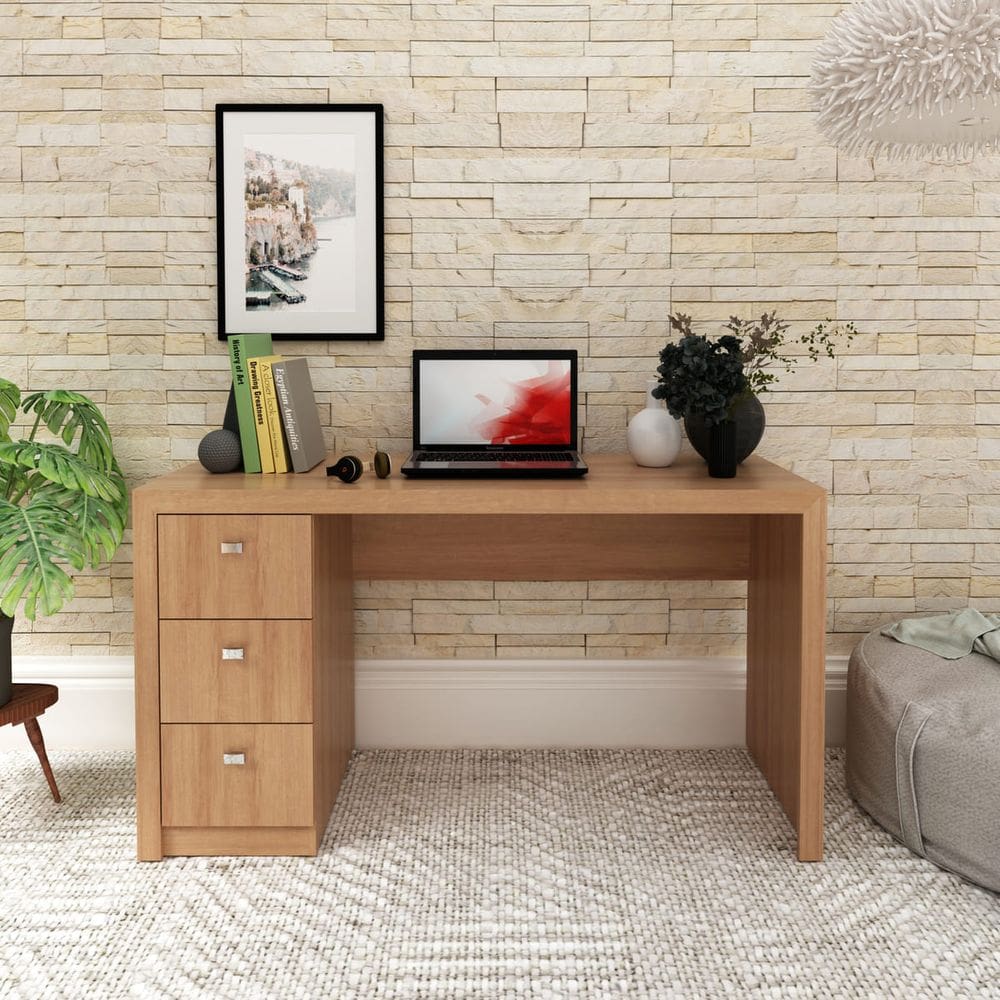 Mesa Escrivaninha com 3 Gavetas para Escritório 74x136 Cm ME4102 Amêndoa