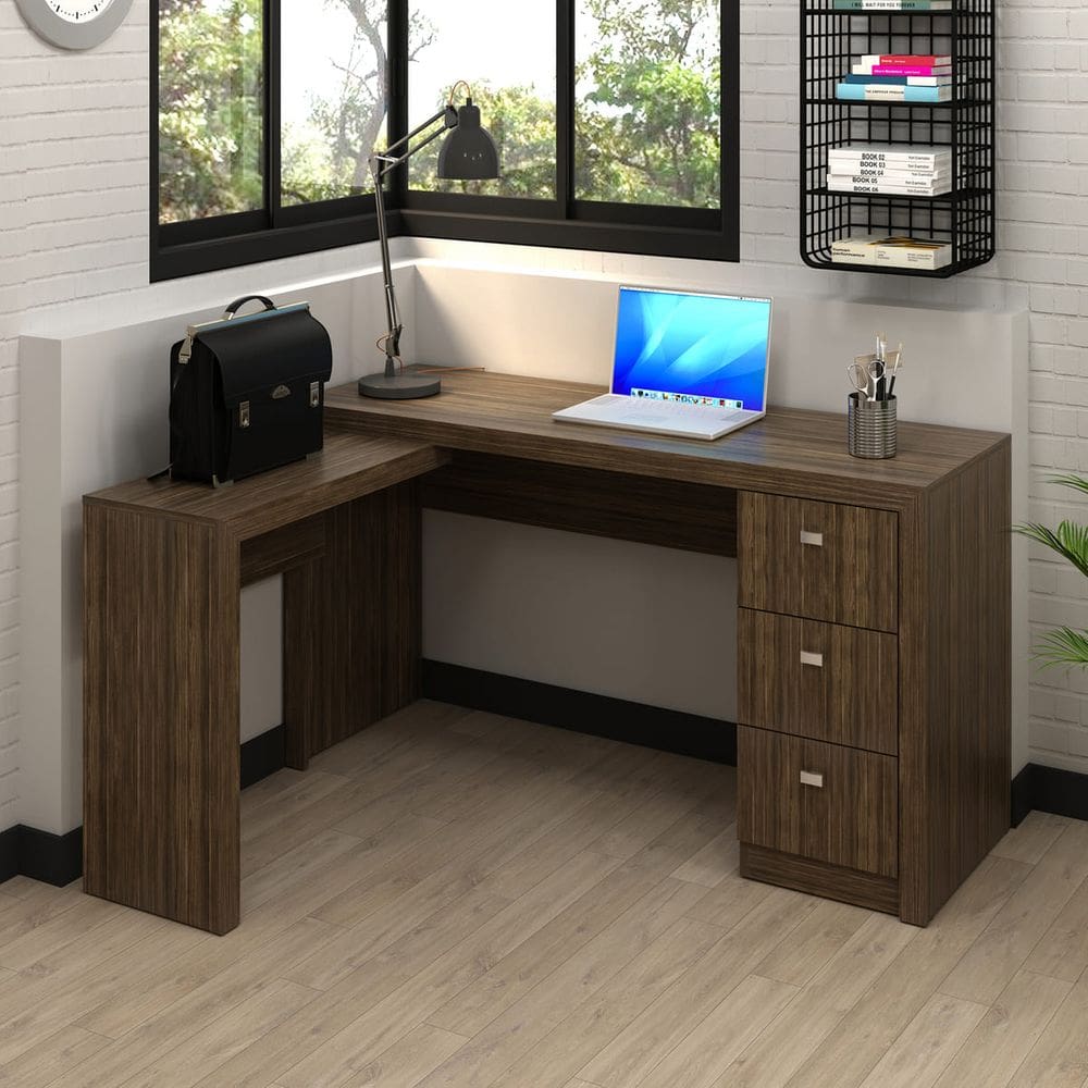 Mesa de Escritório em L com 3 Gavetas ME4101 Nogal