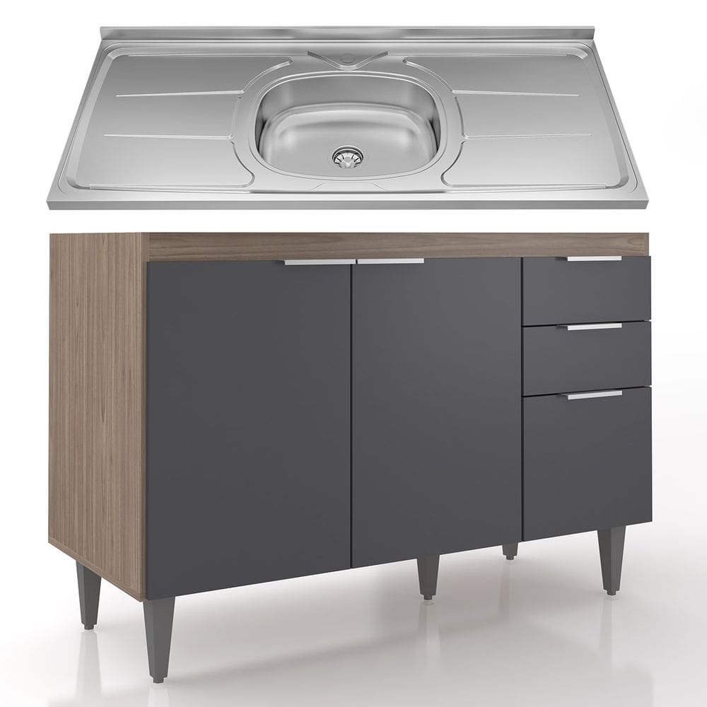Balcão de Cozinha Com Pia Inox 120cm Pérola Z34 Freijó/Grafite - Mpozenato