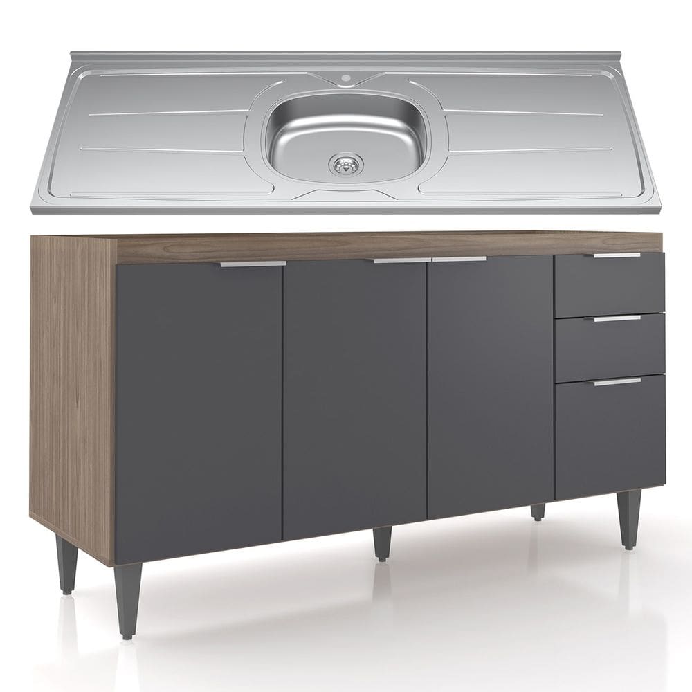 Balcão de Cozinha Com Pia Inox 150cm Pérola Z34 Freijó/Grafite - Mpozenato