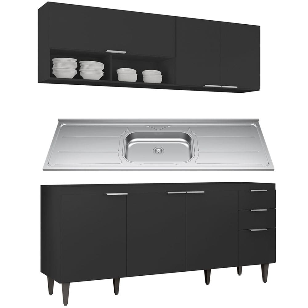 Armário de Cozinha CP01 Com Pia 180cm Pérola Z34 Preto - Mpozenato