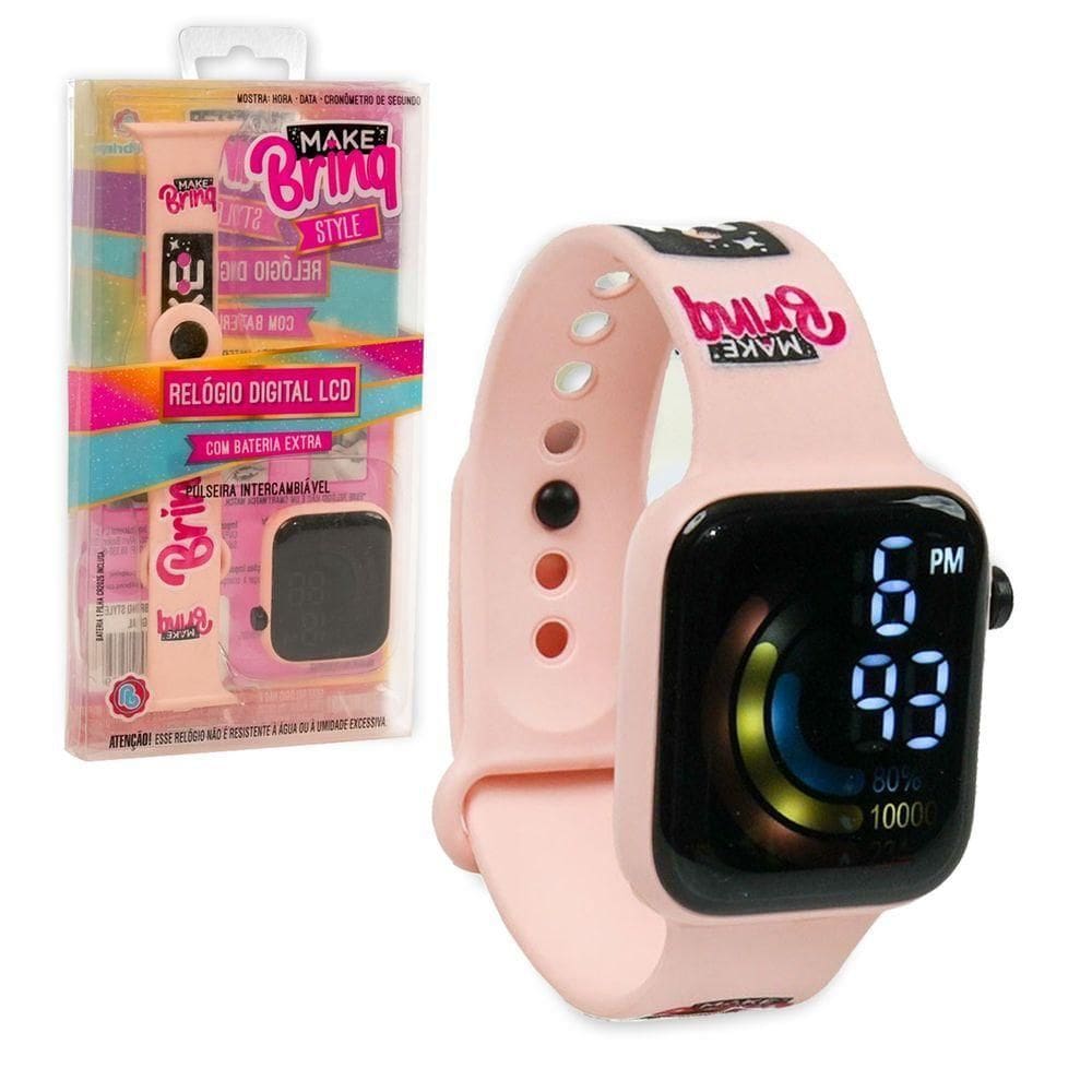 Relógio Digital Infantil Lcd Hora Cronômetro Troca Pulseira Rosa