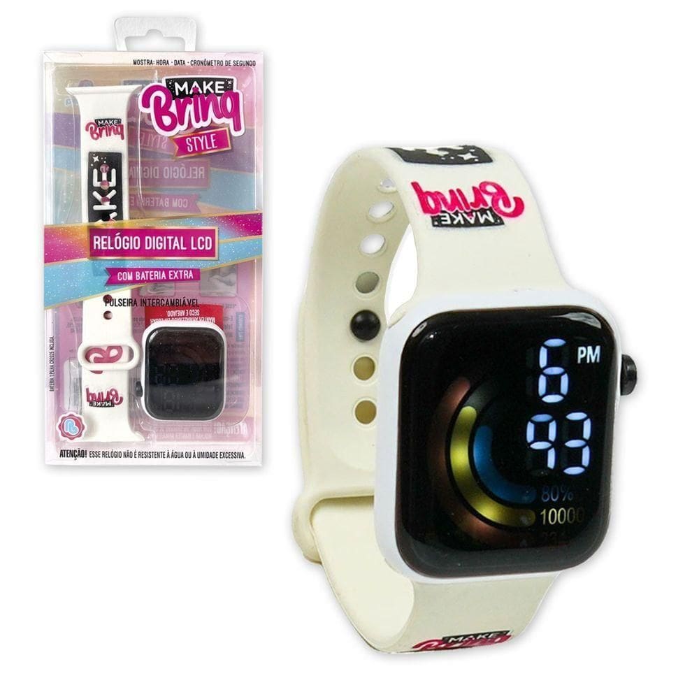 Relógio Digital Infantil Lcd Hora Cronômetro Troca Pulseira Branca