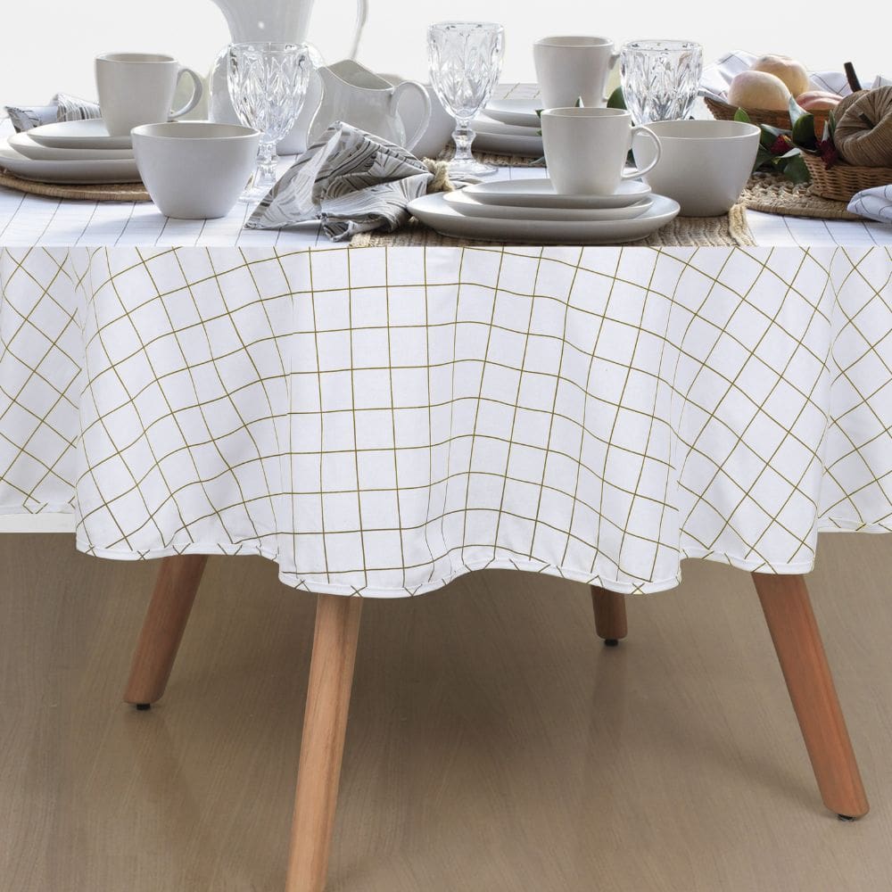 Toalha de Mesa Naturalle Limpeza Prática Redonda 1,80m Grid Bege