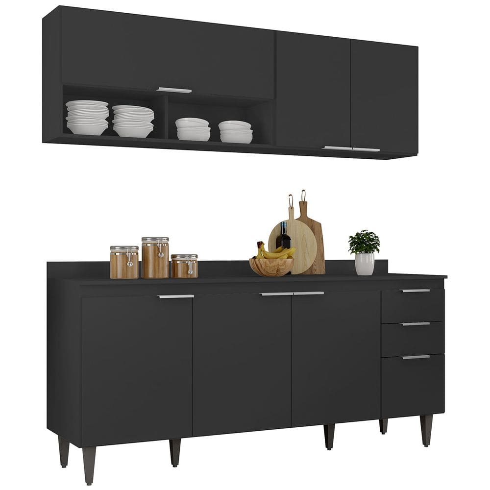 Armário de Cozinha Com Tampo CP01 180cm Pérola Preto Z34 - Mpozenato