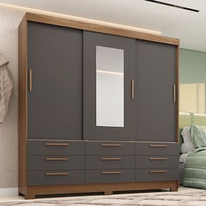 Guarda-Roupa Casal 3 Portas de Correr 9 Gavetas Com Espelho 194,40cm Dante Estilo MM
