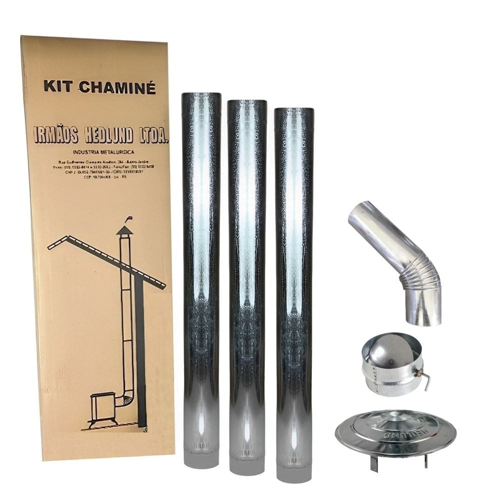 Kit Chaminé Para Fogão A Lenha 3 Canos 1m + Curva 45º + Chapéu + Anel Borboleta Galvanizado 115mm Nº2 - Hedlund