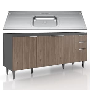 Balcão de Cozinha Com Pia Inox 180cm Pérola Z34 Grafite/Freijó - Mpozenato