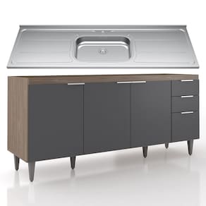 Balcão de Cozinha Com Pia Inox 180cm Pérola Z34 Freijó/Grafite - Mpozenato