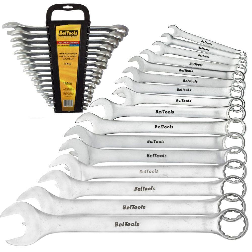 Jogo Chave Combinada 1/4 a 1.1/4 Pol Cr.Vanadio Beltools 16pcs