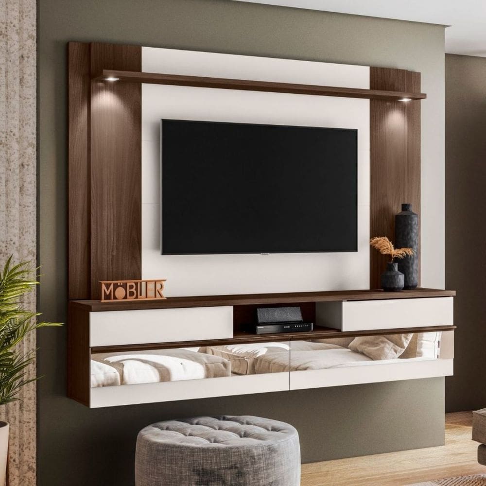 Painel Home Suspenso Tv 75 ” Charme Espelho e Luminária LED