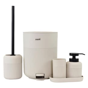 Kit Banheiro 5 Peça Lixeira Dispenser Sabonete Porta Escova Dente Escova Sanitária Bandeja Cor Cinza
