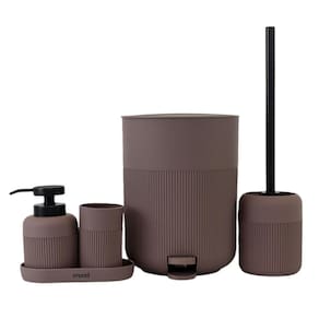 Kit Banheiro 5 Peças Lixeira Dispenser Sabonete Porta Escova Dente Escova Sanitária Bandeja Cor Café
