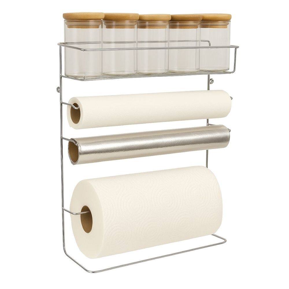 Suporte Organizador Aço Cromado Porta Rolos e 5 Potes Vidro Hermético Borossilicato Tampa Bambu 90ml - Aramig