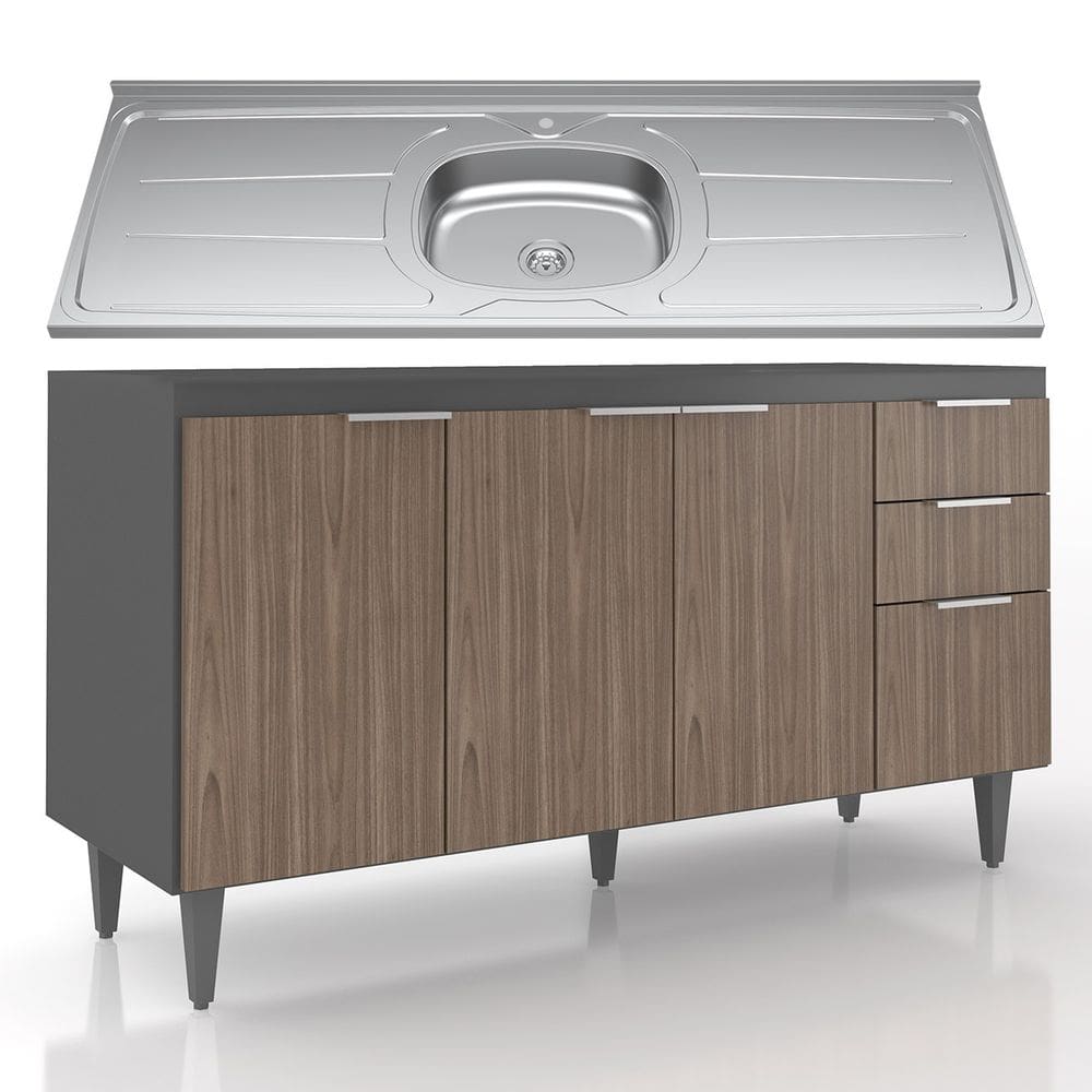 Balcão de Cozinha Com Pia Inox 150cm Pérola Z34 Grafite/Freijó - Mpozenato