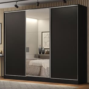 Guarda Roupa Casal 100% MDF Madesa Royale 3 Portas De Correr Com Espelho Preto